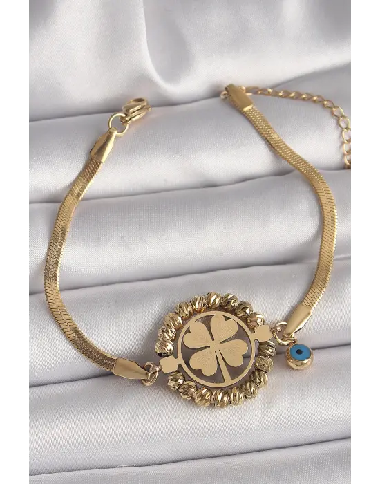 316L Çelik Gold Renk İtalyan Zincir Model Dorika Yonca Figür Nazar Boncuk Detay Kadın Bileklik