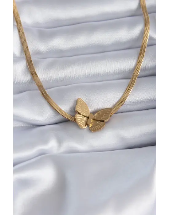  Altın  İtalyan Zincir Model İşlemeli Kelebek Figür  Çelik Kolye