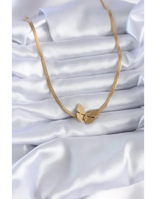  Altın  İtalyan Zincir Model İşlemeli Kelebek Figür  Çelik Kolye