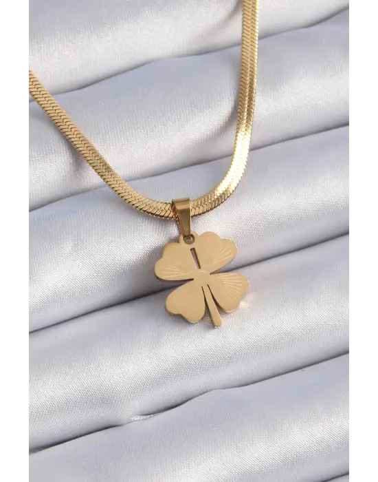  Altın  İtalyan Zincir Model İşlemeli Yonca Figür  Çelik Kolye