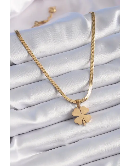  Altın  İtalyan Zincir Model İşlemeli Yonca Figür  Çelik Kolye
