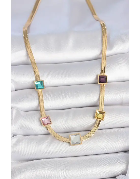 316L Çelik Gold Renk İtalyan Zincir Model Kare Renkli Zirkon Taşlı Kadın Kolye