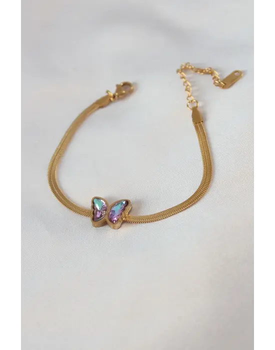 316L Çelik Gold Renk İtalyan Zincir Model Kristal Taşlı Kelebek Figür Kadın Bileklik