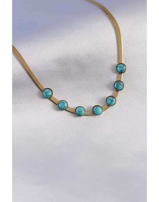 316L Çelik Gold Renk İtalyan Zincir Model Mavi Taşlı Kadın Kolye