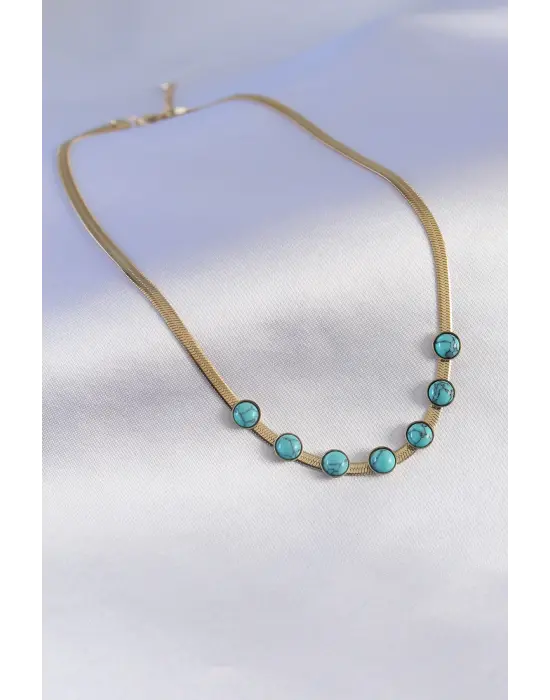 316L Çelik Gold Renk İtalyan Zincir Model Mavi Taşlı Kadın Kolye