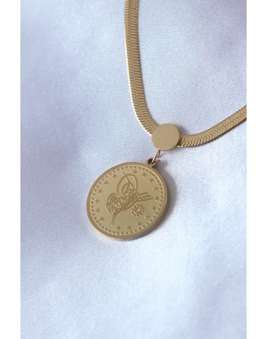  Altın  İtalyan Zincir Model Osmanlı Tuğra Model  Çelik Kolye