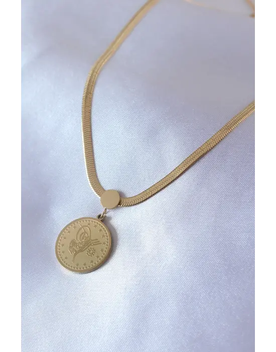  Altın  İtalyan Zincir Model Osmanlı Tuğra Model  Çelik Kolye