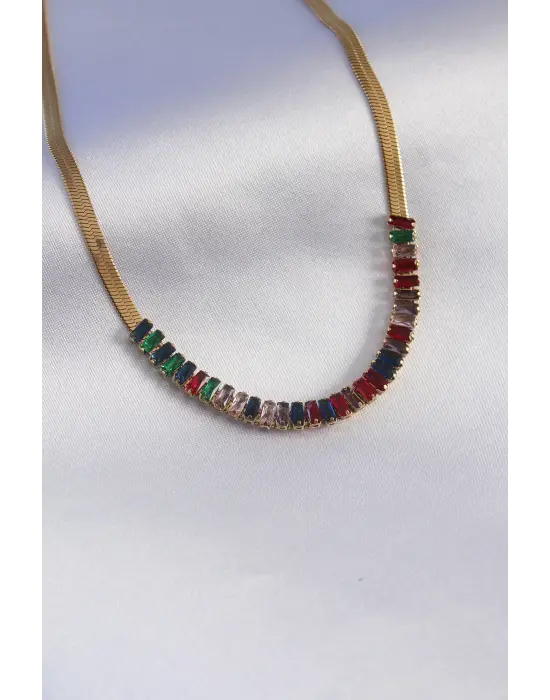  Altın  İtalyan Zincir Model li Zirkon Taşlı  Çelik Kolye