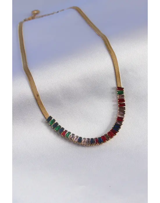  Altın  İtalyan Zincir Model li Zirkon Taşlı  Çelik Kolye