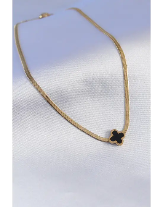 316L Çelik Gold Renk İtalyan Zincir Model Siyah Çiçek Figür Kadın Kolye