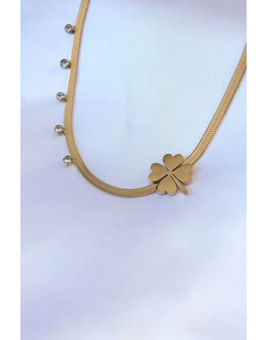  Altın  İtalyan Zincir Model Yonca Figür Zirkon Taş Detay  Çelik Kolye