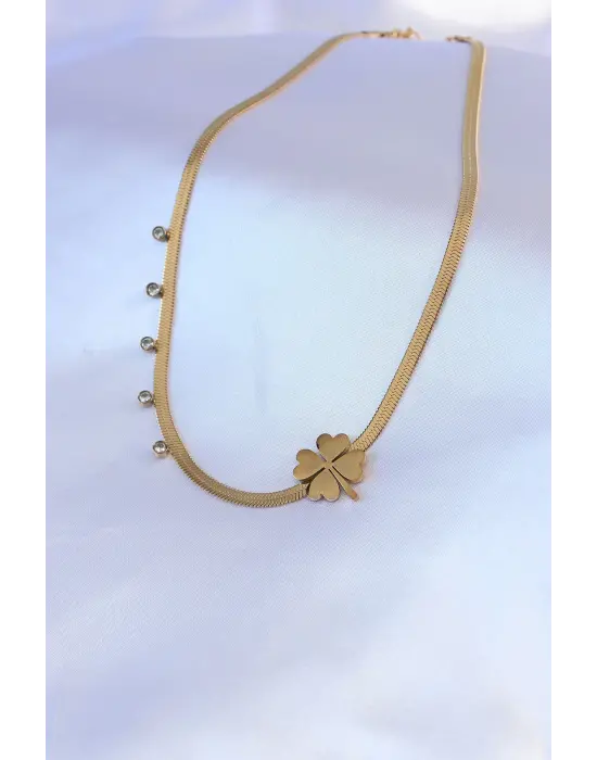  Altın  İtalyan Zincir Model Yonca Figür Zirkon Taş Detay  Çelik Kolye