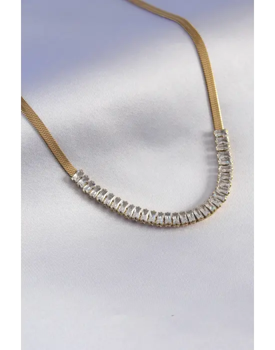  Altın  İtalyan Zincir Model Zirkon Taşlı  Çelik Kolye