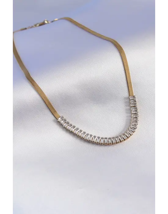  Altın  İtalyan Zincir Model Zirkon Taşlı  Çelik Kolye