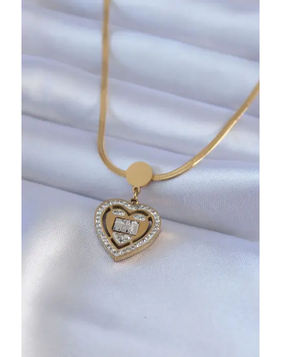  Altın  İtalyan Zincir Model Zirkon Taşlı Kalp Model  Çelik Kolye