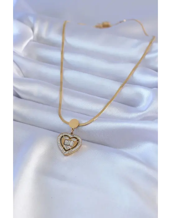  Altın  İtalyan Zincir Model Zirkon Taşlı Kalp Model  Çelik Kolye