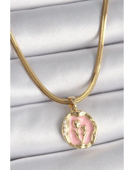  Altın  İtalyan Zincir Pembe Çiçek Madalyon Model  Çelik Kolye
