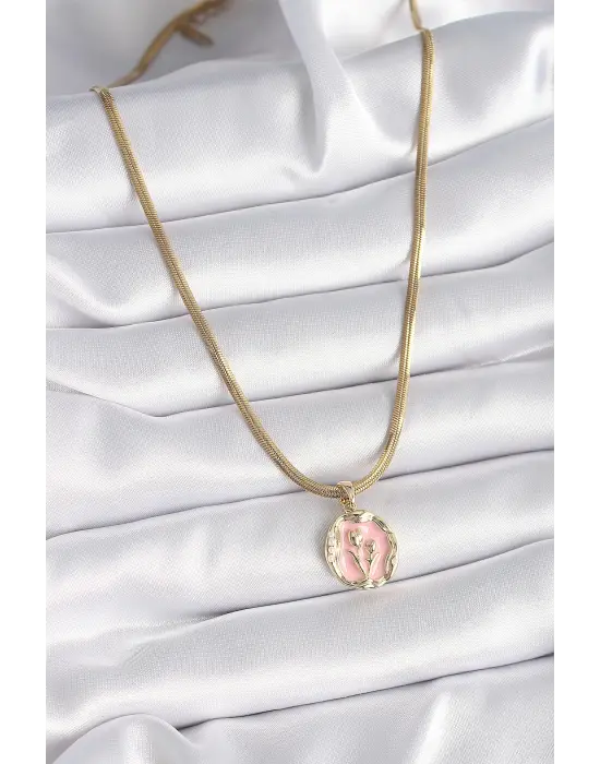  Altın  İtalyan Zincir Pembe Çiçek Madalyon Model  Çelik Kolye