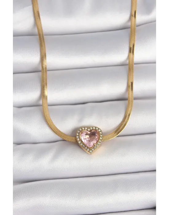 316L Çelik Gold Renk İtalyan Zincir Pembe Zirkon Taşlı Kalp Model Kadın Kolye