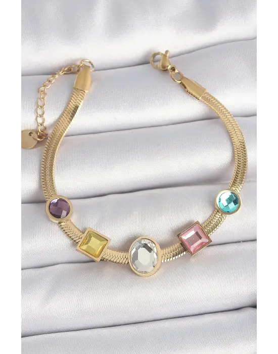316L Çelik Gold Renk İtalyan Zincir Renkli Zirkon Taşlı Kadın Bileklik