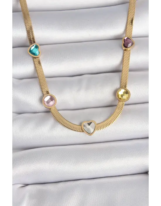 316L Çelik Gold Renk İtalyan Zincir Renkli Zirkon Taşlı Kalp Figür Kadın Kolye