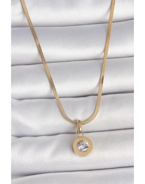 316L Çelik Gold Renk İtalyan Zincir Sallantı Zirkon Taş Model Kadın Kolye