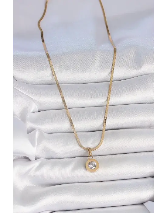 316L Çelik Gold Renk İtalyan Zincir Sallantı Zirkon Taş Model Kadın Kolye