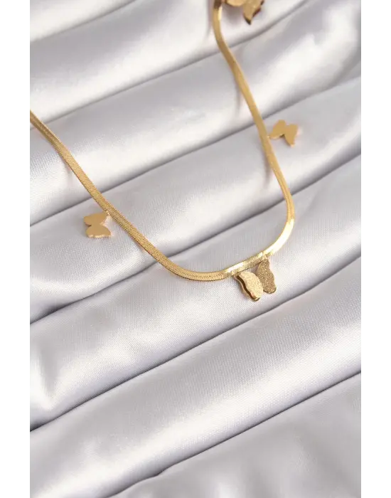  Altın  İtalyan Zincir Simli Kelebek Figür  Çelik Kolye