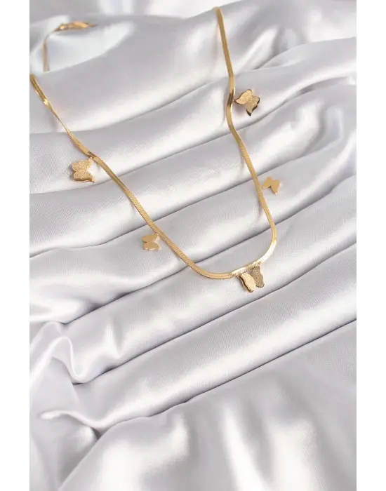  Altın  İtalyan Zincir Simli Kelebek Figür  Çelik Kolye