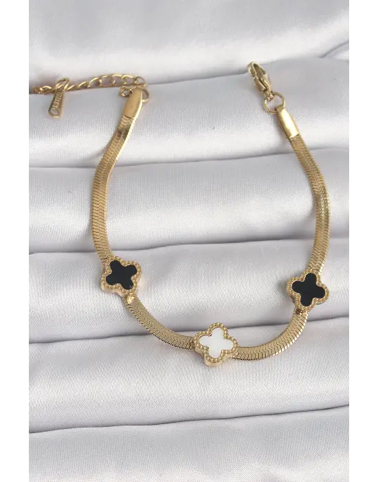 316L Çelik Gold Renk İtalyan Zincir Siyah Beyaz Yonca Model Kadın Bileklik
