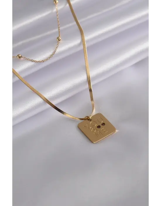 316L Çelik Gold Renk İtalyan Zincir You & Me İşleme Kadın Kolye