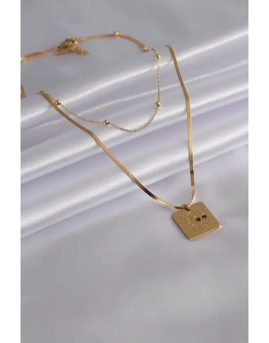 316L Çelik Gold Renk İtalyan Zincir You & Me İşleme Kadın Kolye