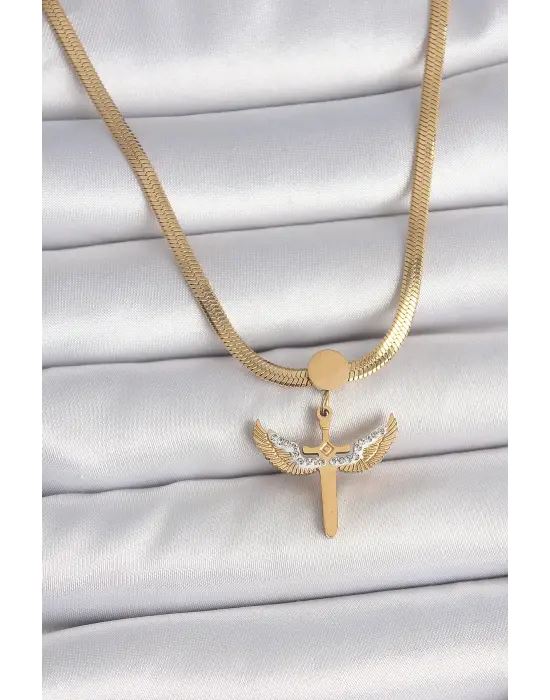 316L Çelik Gold Renk İtalyan Zincir Zirkon Taş Detaylı Mikail Model Kadın Kolye