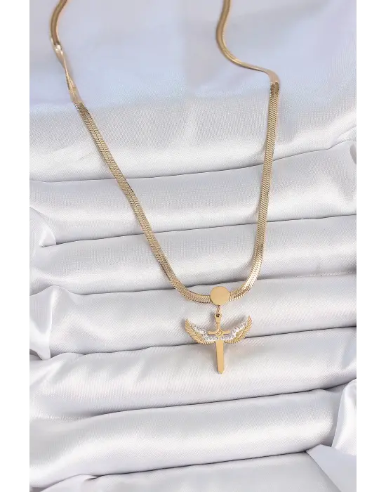 316L Çelik Gold Renk İtalyan Zincir Zirkon Taş Detaylı Mikail Model Kadın Kolye