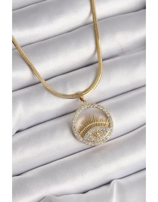  Altın  İtalyan Zincir Zirkon Taşlı Göz Model  Çelik Kolye