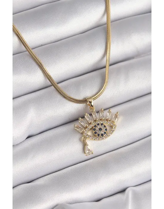  Altın  İtalyan Zincir Zirkon Taşlı Göz Model  Çelik Kolye