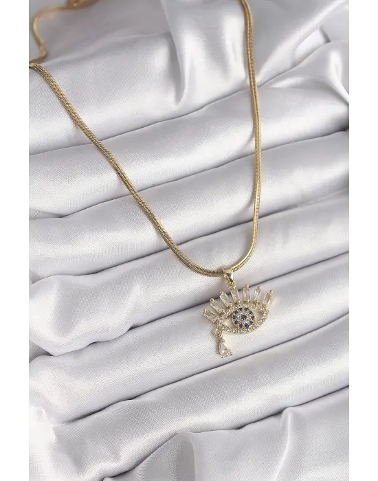  Altın  İtalyan Zincir Zirkon Taşlı Göz Model  Çelik Kolye