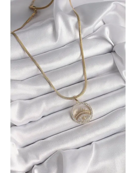  Altın  İtalyan Zincir Zirkon Taşlı Göz Model  Çelik Kolye