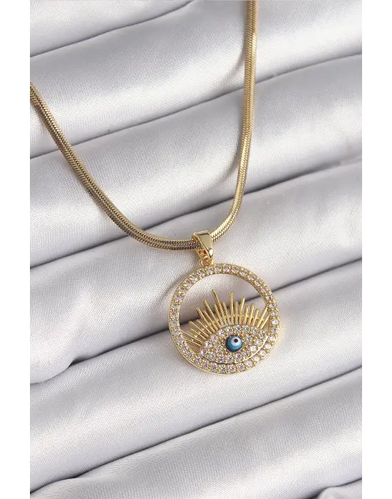  Altın  İtalyan Zincir Zirkon Taşlı Göz Model Nazar Boncuk Detay  Çelik Kolye
