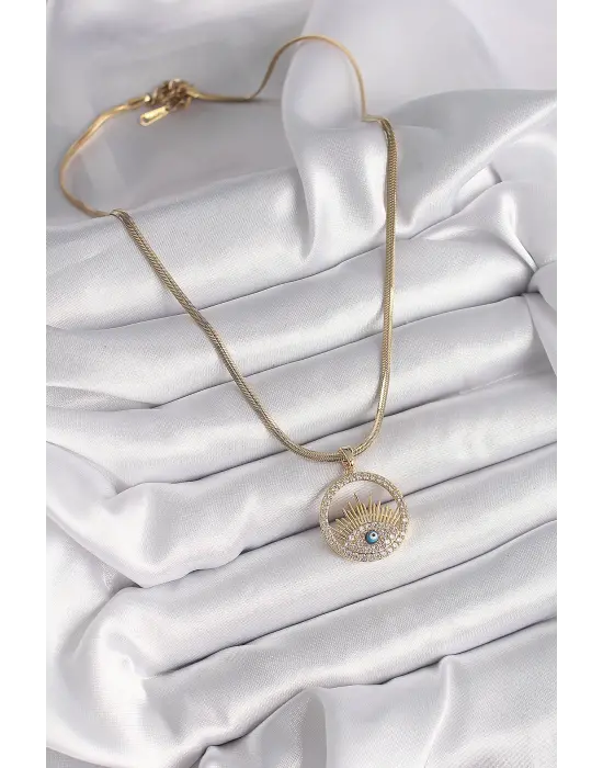  Altın  İtalyan Zincir Zirkon Taşlı Göz Model Nazar Boncuk Detay  Çelik Kolye