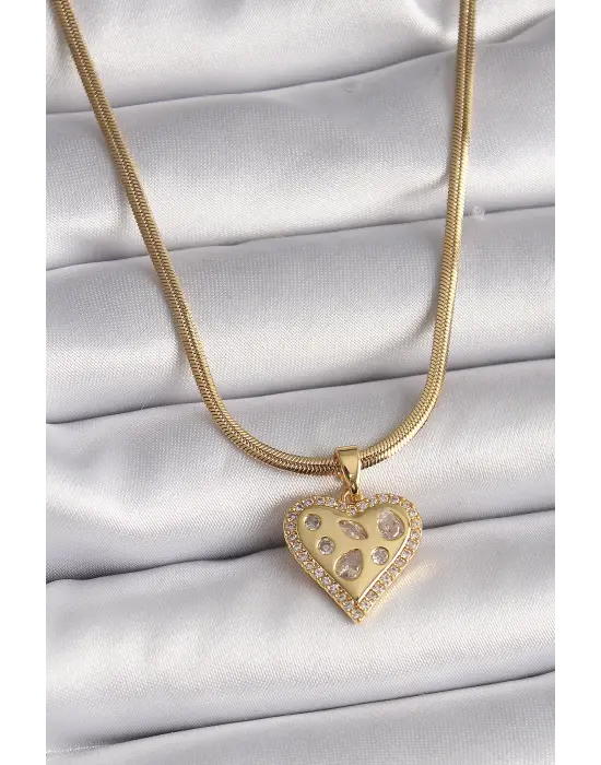  Altın  İtalyan Zincir Zirkon Taşlı Kalp Figür  Çelik Kolye