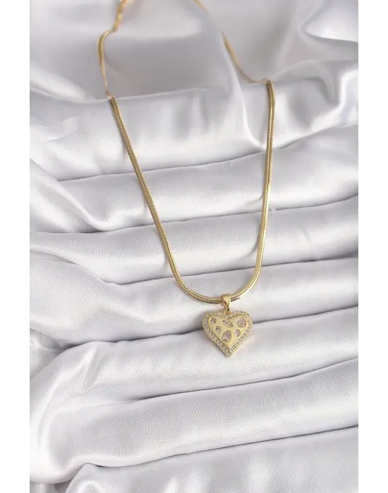  Altın  İtalyan Zincir Zirkon Taşlı Kalp Figür  Çelik Kolye