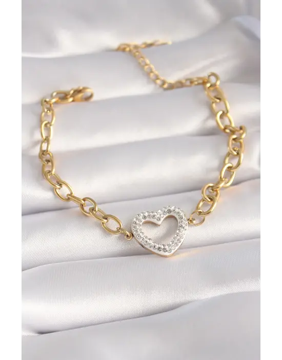 316L Çelik Gold Renk İtalyan Zincir Zirkon Taşlı Kalp Model Kadın Bileklik