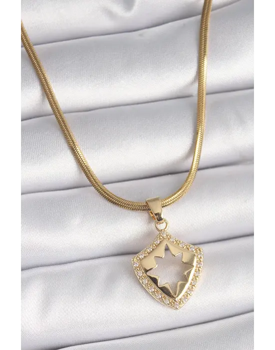  Altın  İtalyan Zincir Zirkon Taşlı Kutup Yıldız İşleme  Çelik Kolye