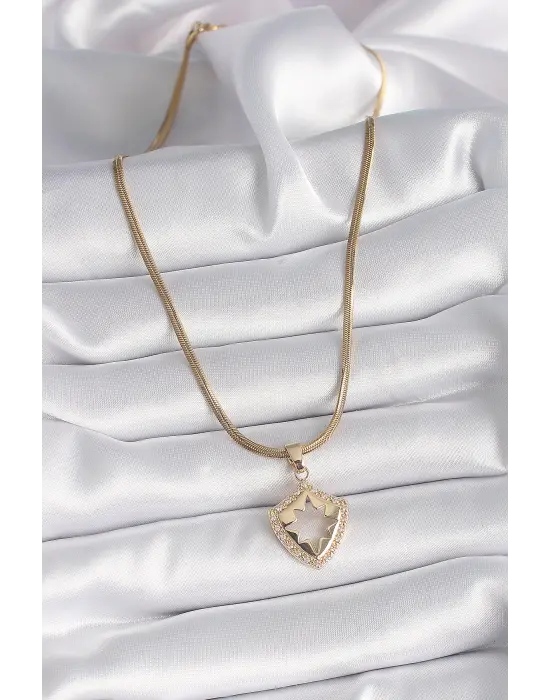  Altın  İtalyan Zincir Zirkon Taşlı Kutup Yıldız İşleme  Çelik Kolye