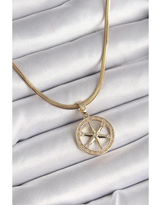  Altın  İtalyan Zincir Zirkon Taşlı Kutup Yıldız Model  Çelik Kolye