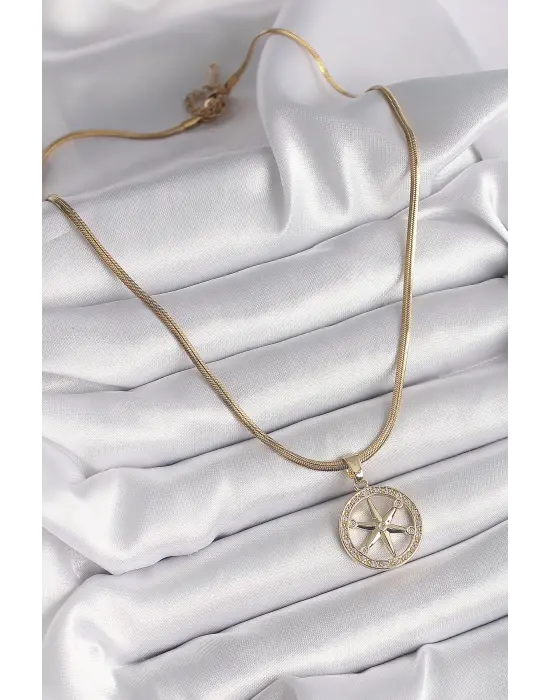  Altın  İtalyan Zincir Zirkon Taşlı Kutup Yıldız Model  Çelik Kolye