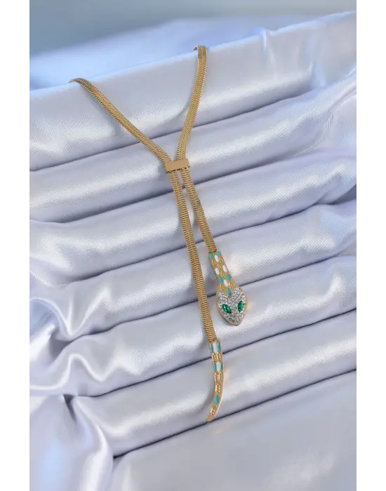 316L Çelik Gold Renk İtalyan Zincir Zirkon Taşlı Yılan Model Kadın Kolye