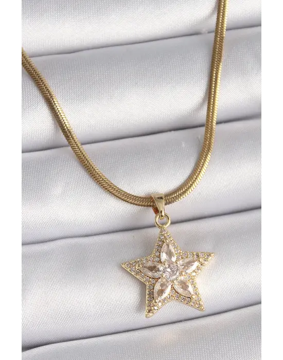  Altın  İtalyan Zincir Zirkon Taşlı Yıldız Model  Çelik Kolye