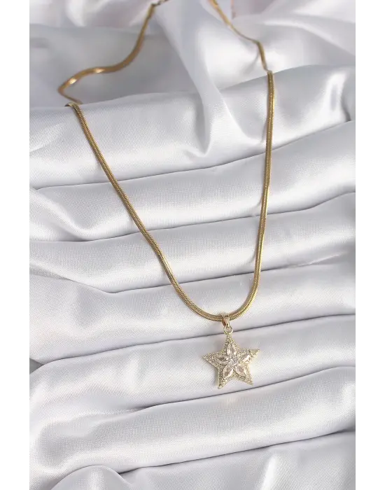  Altın  İtalyan Zincir Zirkon Taşlı Yıldız Model  Çelik Kolye